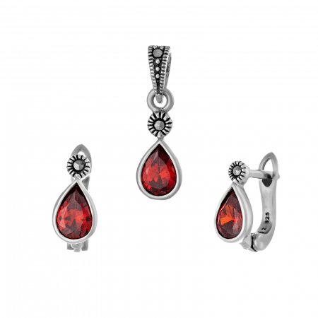 Seturi bijuterii cu piatra - Set din argint 925  ( cercei+pandantiv), Piatra : zirconia fatetata si marcasite , Culoare : rosu , Sonis Silver