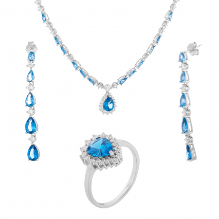 Produse - Set din argint 925 (colier + cercei+inel) rodiat , Piatra : zirconia fatetata , Culoare :albastru  si transparent , Sonis Silver