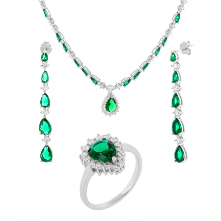 Produse - Set din argint 925 (colier+ cercei+inel) rodiat , Piatra : zirconia fatetata , Culoare : verde si transparent , Sonis Silver