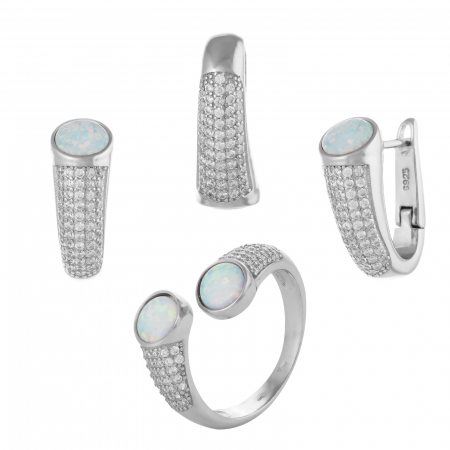 Seturi bijuterii cu piatra - Set din argint 925 rodiat  ( cercei+pandantiv+inel),Piatra : opal de laborator si cubic zirconia , Culoare : alb si transparent ,
