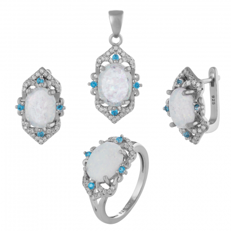 Seturi bijuterii cu piatra - Set din argint 925 rodiat  ( cercei+pandantiv+inel),Piatra : opal de laborator si cubic zirconia , Culoare : alb , albastru  si transparent ,