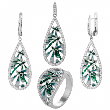 Seturi bijuterii cu piatra - Set din argint 925 rodiat  ( cercei+pandantiv+inel), Piatra : zirconia fatetata si cubic zirconia ,Culoare : verde si transparent ,
