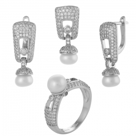 Seturi bijuterii cu piatra - Set din argint 925 rodiat ( cercei+pandantiv+inel), Piatra : opal si cubic zirconia , Culoare : alb si transparent ,