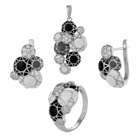 Seturi bijuterii cu email - Set din argint 925 rodiat (cercei+pandantiv+inel), Piatra: cubic zirconia, email, Culoare: negru,alb,gri si transparent,