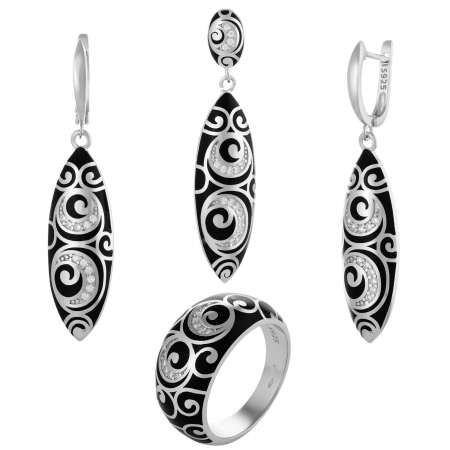 Seturi bijuterii cu email - Set din argint 925 rodiat (cercei+pandantiv+inel), Piatra: email si cubic zirconia, Culoare: negru si transparent,