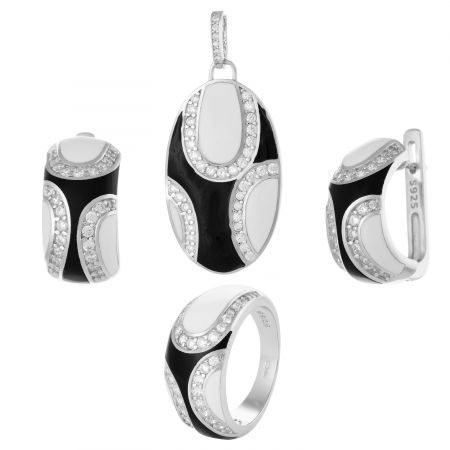 Seturi bijuterii cu email - Set din argint 925 rodiat (cercei+pandantiv+inel), Piatra: cubic zirconia, email, Culoare : transparent , negru si alb ,