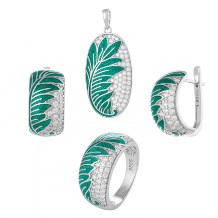 Seturi bijuterii cu email - Set din argint 925 rodiat (cercei+pandantiv+inel), Piatra: cubic zirconia, email, Culoare : transparent si verde,