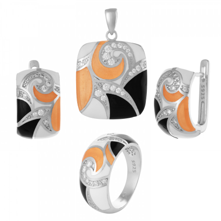 Seturi bijuterii cu email - Set din argint 925 rodiat (cercei+pandantiv+inel), Piatra: email si cubic zirconia, Culoare: multicolor,