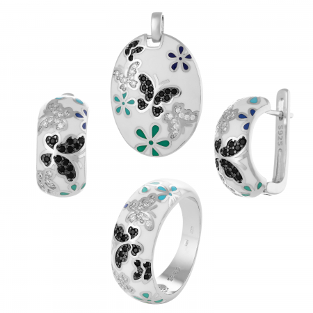Seturi bijuterii cu email - Set din argint 925 rodiat (cercei+pandantiv+inel), Piatra: email si cubic zirconia,Culoare: multicolor,