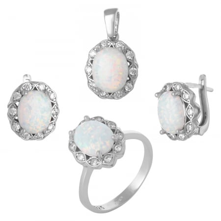 Seturi bijuterii cu piatra - Set din argint 925 rodiat (cercei+pandantiv+inel), Piatra: opal de laborator si cubic zirconia, Culoare: alb cu insertii,