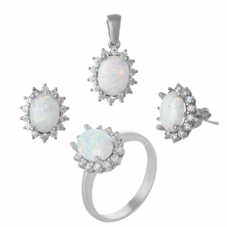 Seturi bijuterii cu piatra - Set din argint 925 rodiat (cercei+pandantiv+inel) ,Piatra:opal de laborator  si cubic zirconia, Culoare:alb cu insertii si transparent,