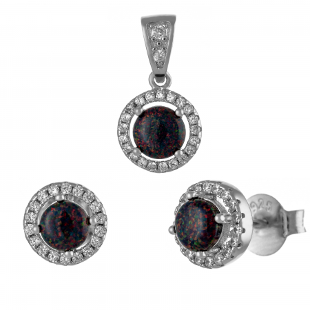 Seturi bijuterii cu piatra - Set din argint 925 rodiat (cercei+pandantiv), Piatra: opal de laborator si cubic zirconia,Culoare:maro cu insertii de verde, transparent