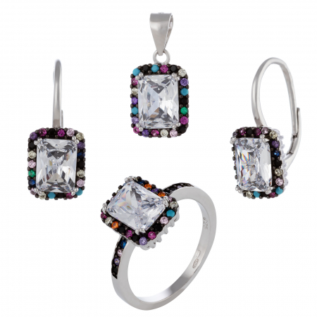 Seturi bijuterii cu piatra - Set din argint 925 rodiat (cercei + pandantiv+inel) Piatra: zirconia fatetata si cubic zirconia, Culoare: multicolor,