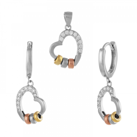 Seturi bijuterii cu piatra - Set din argint 925  ( cercei+pandantiv), placat cu aur galben si rose de 14 kt, Piatra : cubic zirconia , Culoare : transparenta ,