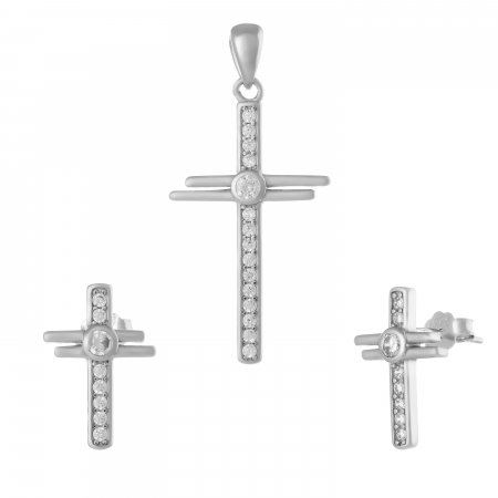 Seturi bijuterii cu piatra - Set din argint 925 rodiat ( cercei+pandantiv ), Piatra: zirconia fatetata si cubic zirconia, Culoare: transparenta,