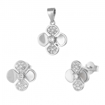 Seturi bijuterii cu piatra - Set din argint 925 rodiat ( cercei+pandantiv ) , Piatra : cubic zirconia si sidef, Culoare : transparenta si sidef,