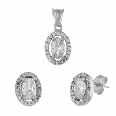Seturi bijuterii cu piatra - Set din argint 925 rodiat (cercei+pandantiv), Piatra: cubic zirconia si zirconia fatetata, Culoare: transparenta,