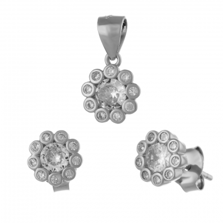 Seturi bijuterii cu piatra - Set din argint 925 rodiat (cercei+pandantiv), Piatra: cubic zirconia si zirconia fatetata, Culoare: transparenta,
