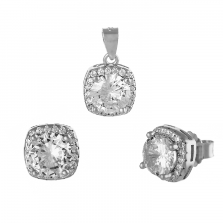 Seturi bijuterii cu piatra - Set din argint 925 rodiat (cercei+pandantiv), Piatra: cubic zirconia si zirconia fatetata, Culoare: transparenta,