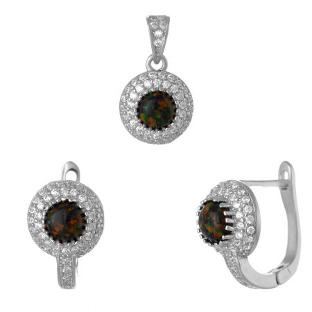 Seturi bijuterii cu piatra - Set din argint 925 rodiat (cercei+pandantiv), Piatra: opal de laborator si cubic zirconia,Culoare:maro cu insertii de verde, transparent,