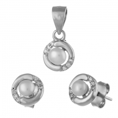 Seturi bijuterii cu piatra - Set din argint 925 rodiat ( cercei+pandantiv), Piatra : perla de laborator si cubic zirconia , Culoare : alb si transparent ,