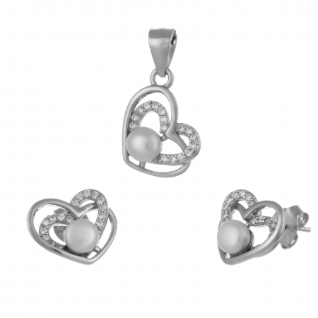 Seturi bijuterii cu piatra - Set din argint 925 rodiat ( cercei+pandantiv),Piatra : perla de laborator si cubic zirconia , Culoare : alb si transparent ,