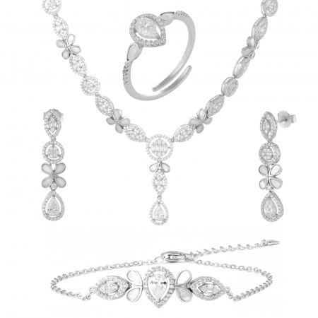 Seturi bijuterii cu piatra - Set din argint 925 rodiat ( colier+bratara+cercei+inel), Piatra : sidef, zirconia fatetata si cubic zirconia , Culoare : sidef si transparenta ,