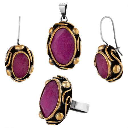 Seturi bijuterii vintage - Set din argint 925 vintage ( cercei+pandantiv+inel),Piatra: agat, Culoare: mov,