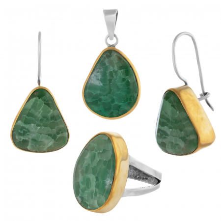 Seturi bijuterii vintage - Set din argint 925 vintage ( cercei+pandantiv+inel), Piatra : aventurin , Culoare : verde ,