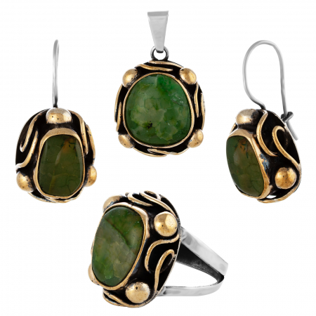 Seturi bijuterii vintage - Set din argint 925 vintage ( cercei+pandantiv+inel), Piatra : Smarald , Culoare : verde cu insertii,