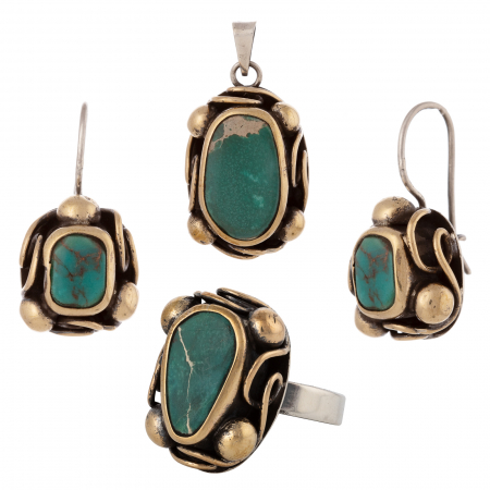 Seturi bijuterii vintage - Set din argint 925 vintage (cercei+pandantiv+inel), Piatra: turquoise, Culoare: turquoise,
