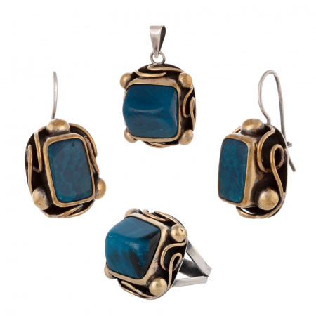 Seturi bijuterii vintage - Set din argint 925 vintage (cercei+pandantiv+inel), Piatra: turquoise, Culoare: turquoise