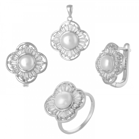 Seturi bijuterii cu piatra - Set din argint 925 vintage  ( cercei+pandantiv+inel), Piatra : perla de laborator , zirconia fatetata si cubic zirconia ,