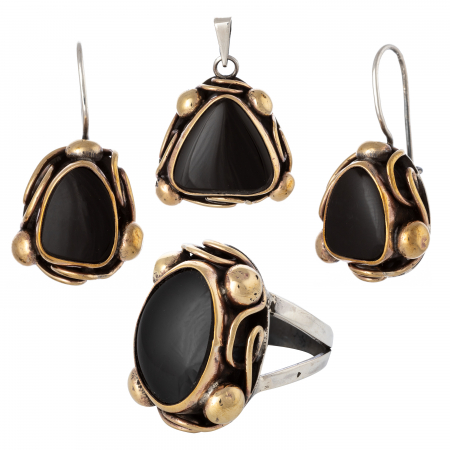 Seturi bijuterii vintage - Set din argint 925 vintage ( cercei+pandantiv+inel), Piatra : onix , Culoare : negru , Sonis Silver