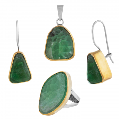 Seturi bijuterii vintage - Set din argint 925 vintage ( cercei+pandantiv+inel),Piatra: aventurin , Culoare : verde cu insertii albe ,