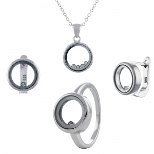 Produse - Set din argint 925 rodiat (cercei+lant+pandantiv+inel), Piatra: cristal si zirconia fatetata, Culoare: transparenta, Sonis Silver