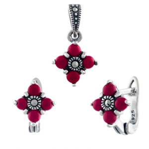 Produse - Set din argint 925 (cercei+pandantiv), Piatra: coral natural si marcasite, Sonis Silver