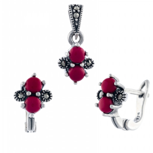 Produse - Set din argint 925 (cercei+pandantiv), Piatra: coral natural si marcasite,  Culoare : rosu ,  Sonis Silver
