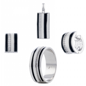 Produse - Set din argint 925 rodiat  (cercei+pandantiv+inel), Piatra: email si cubic zirconia, Culoare : alb , negru si transparent ,Sonis Silver