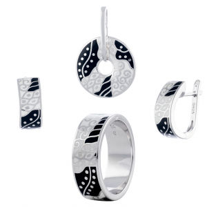 Produse - Set din argint 925  rodiat (cercei+pandantiv+inel), Piatra: email, Culoare : alb si negru , Sonis Silver