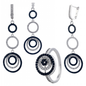 Produse - Set din argint 925 rodiat (cercei+pandantiv+inel), Piatra: cubic zirconia, Culoare: transparent si negru, Sonis Silver