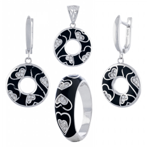 Produse - Set din argint 925 rodiat (cercei+pandantiv+inel), Piatra: cubic zirconia, email, Culoare: transparent si negru, Sonis Silver