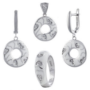Produse - Set din argint 925 rodiat (cercei+pandantiv+inel), Piatra: email, cubic zirconia, Culoare: alb si transparent, Sonis Silver