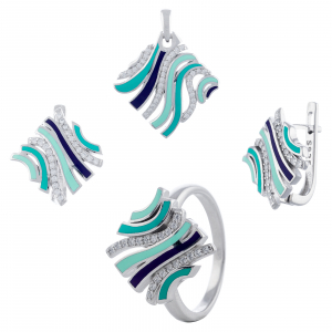 Seturi bijuterii cu email - Set din argint 925 rodiat  (cercei+pandantiv+inel), Piatra: email si cubic zirconia, Culoare : multicolor , Sonis Silver