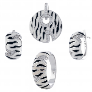 Produse - Set din argint 925 rodiat  (cercei+pandantiv+inel), Piatra: email , cubic zirconia, Culoare: alb,negru si transparent, Sonis Silver