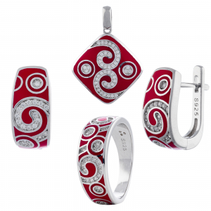 Seturi bijuterii cu email - Set din argint 925 rodiat (cercei+pandantiv+inel), Piatra: email si cubic zirconia, Culoare: rosu si transparent, Sonis Silver