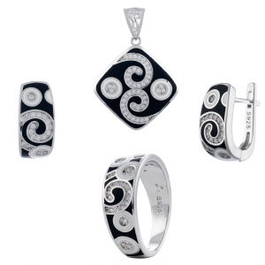 Seturi bijuterii cu email - Set din argint 925 rodiat (cercei+pandantiv+inel), Piatra: cubic zirconia, email, Culoare: transparent, negru si alb, Sonis Silver