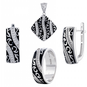 Seturi bijuterii cu email - Set din argint 925  rodiat (cercei+pandantiv+inel), Piatra: email si cubic zirconia,Culoare: negru si transparent, Sonis Silver