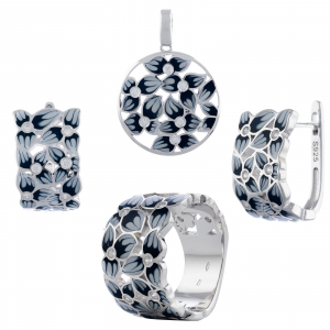 Produse - Set din argint 925 rodiat (cercei+pandantiv+inel), Piatra: email si zirconia fatetata, Culoare: alb negru si transparent,Sonis Silver