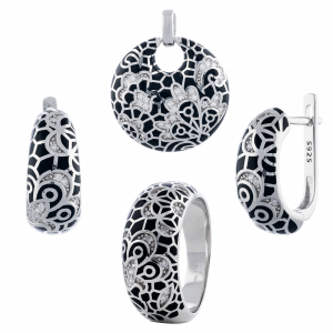 Produse - Set din argint 925 rodiat (cercei+pandantiv+inel), Piatra: email si cubic zirconia, Culoare : negru si transparent , Sonis Silver